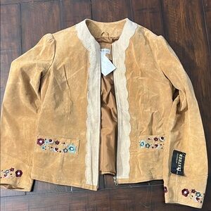 Tasha Polizzi Camel Leather Jacket with Floral Embroidery